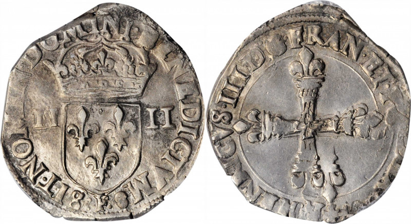 FRANCE. 1/4 Ecu, 1584-F. Angers Mint. Henry III. PCGS Genuine--Environmental Dam...