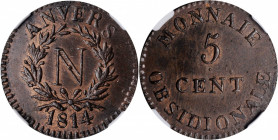 FRANCE. Antwerp (Besieged). 5 Centimes, 1814. Naval Arsenal (Antwerp) Mint. Napoleon I. NGC MS-64 Brown.

KM-2; Gad-129a. A sharply detailed emergency...