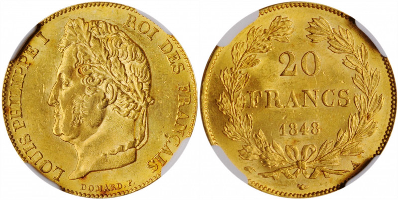 FRANCE. 20 Francs, 1848-A. Paris Mint. Louis Philippe I. NGC MS-62.

Fr-560; KM-...