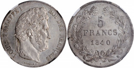 FRANCE. 5 Francs, 1840-B. Rouen Mint. Louis Philippe I. NGC MS-62.

KM-749.2; Gad-678. A pleasing, boldly struck coin with lustrous fields and medium ...