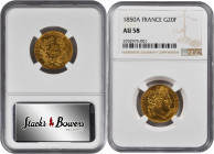 FRANCE. 20 Francs, 1850-A. Paris Mint. NGC AU-58.

Fr-566; KM-762; Gad-1059. A well struck coin with frosty peripheral luster and a few bag marks on b...