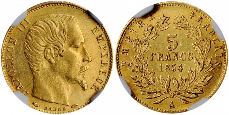 FRANCE. 5 Francs, 1854-A. Paris Mint. Napoleon III. NGC AU-58.

Fr-578; KM-783; ...