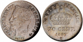 FRANCE. 20 Centimes, 1867-BB. Strasbourg Mint. Napoleon III. NGC MS-68.

KM-808. A fully lustrous and attractive little Gem with light toning.

Estima...