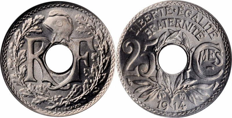 FRANCE. 25 Centimes, 1914. Paris Mint. NGC MS-68.

KM-867. Pop: 6, none graded f...