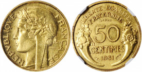FRANCE. 50 Centimes Bronze-Aluminum Essai (Pattern), 1931. NGC MS-65.

Maz-2590. A boldly struck and lustrous Gem Pattern with yellow golden color thr...