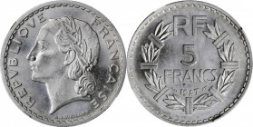 FRANCE. Aluminum 5 Francs, 1947. Paris Mint. NGC MS-64.

KM-888b.1; Gad-766. Surpassed in the NGC census by just four examples, this radiant near-Gem ...