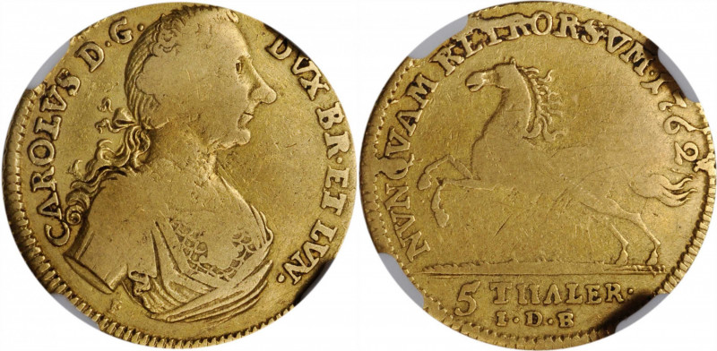 GERMANY. Brunswick-Wolfenbuttel. 5 Taler, 1762 E-IDB. Karl I. NGC F-12.

Fr-714;...