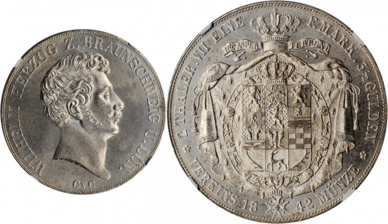 GERMANY. Brunswick-Wolfenbuttel. 2 Taler, 1842-CVC. Wilhelm. NGC Unc Details--Ob...
