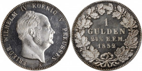 GERMANY. Hohenzollern (Prussia). Gulden, 1852-A. PCGS MS-64+ Gold Shield.

KM-5; J-23. A very attractive, prooflike issue with reflective fields and f...