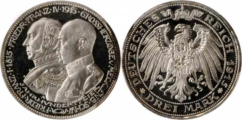 GERMANY. Mecklenburg-Schwerin. 3 Mark, 1915-A. Berlin Mint. PCGS PROOF-64 Cameo ...