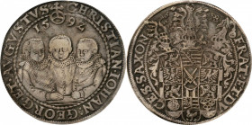 GERMANY. Saxony. Taler, 1592-HB. Dresden Mint. Christian II, Johann Georg & August. PCGS EF-40 Gold Shield.

Dav-9820. A decently struck and evenly wo...