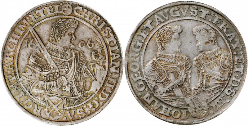 GERMANY. Saxony. Taler, 1606-HR. Dresden Mint. Christian II, Johann Georg & Augu...