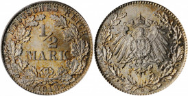 GERMANY. 1/2 Mark, 1918-D. Munich Mint. PCGS MS-67.

KM-17; J-16. A boldly struck coin with blazing luster and light mottled almond toning.

Estimate:...