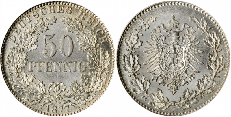 GERMANY. 50 Pfennig, 1877-F. Stuttgart Mint. Wilhelm I. ANACS MS-64.

KM-6. A la...