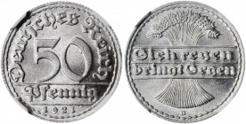 GERMANY. 50 Pfennig, 1921-D. Munich Mint. NGC MS-65.

KM-27. A Gem quality coin with cartwheel luster, razor-sharp detail, and a freshy struck look.

...