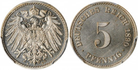 GERMANY. 5 Pfennig, 1890-A. Berlin Mint. PCGS PROOF-65 Gold Shield.

KM-11; J-12. Tied for the finest certified by PCGS. A pleasing Gem Proof with ref...