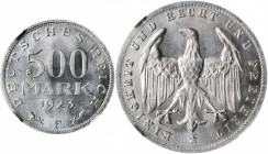 GERMANY. 500 Mark, 1923-F. Stuttgart Mint. NGC MS-64.

KM-36. A flashy and fully lustrous near-Gem aluminum hyperinflationary issue.

Estimate: $25.00...