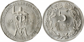 GERMANY. 5 Mark, 1925-A. Berlin Mint. NGC MS-64.

KM-47; J-322. Commemorative of the 1000th Anniversary of the Rhineland. A pleasing coin with full fr...