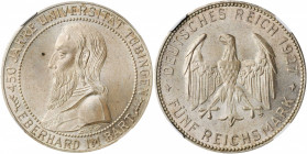 GERMANY. 5 Mark, 1927-F. Stuttgart Mint. NGC MS-65.

KM-54; J-328. Struck for the 450th Anniversary of the Tubingen University. A boldly struck Gem wi...