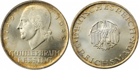 GERMANY. 5 Mark, 1929-A. Berlin Mint. NGC MS-66.

KM-61; J-336. Commemorative of the 200th Anniversary of the birth of Gotthold Lessing. A softly lust...