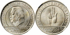 GERMANY. 5 Mark, 1929-D. Munich Mint. NGC MS-64.

KM-64; J-342. Commemorative of the 10th Anniversary of the Weimar Constitution. A well struck coin w...