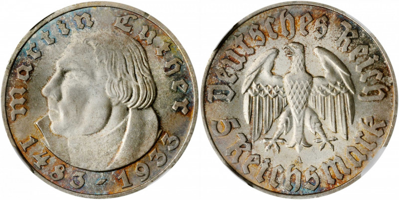GERMANY. 5 Mark, 1933-A. Berlin Mint. NGC MS-65.

KM-80; J-353. An attractive Ge...