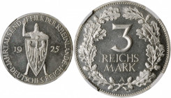 GERMANY. 3 Mark, 1925-A. Berlin Mint. NGC PROOF-64 Cameo.

KM-46; J-321. Commemorating the 1000th Anniversary of the Rhineland. A sharply struck Proof...