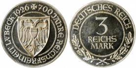 GERMANY. 3 Mark, 1926-A. Berlin Mint. PCGS PROOF-64 Cameo Gold Shield.

KM-48; J-323. Struck to commemorate 700 years of freedom for Lubeck. An attrac...