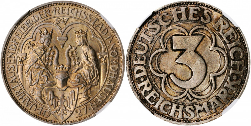 GERMANY. 3 Mark, 1927-A. Berlin Mint. NGC MS-64.

KM-52; J-327. Struck to commem...