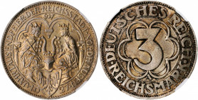 GERMANY. 3 Mark, 1927-A. Berlin Mint. NGC MS-64.

KM-52; J-327. Struck to commemorate the 1000th anniversary of the founding of Nordhausen. A near-Gem...