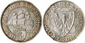 GERMANY. 3 Mark, 1927-A. Berlin Mint. NGC MS-66.

KM-50; J-325. Commemorating the 100th anniversary of the port city of Bremerhaven. A pleasing Gem wi...