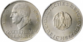 GERMANY. 3 Mark, 1929-A. Berlin Mint. NGC MS-64.

KM-60; J-336. Variety with Gotthold Lessing obverse, facing left. A pleasing example of the type wit...
