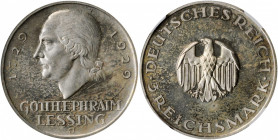 GERMANY. 3 Mark, 1929-J. Hamburg Mint. NGC PROOF-63.

KM-60. Struck for the 200th Anniversary of the birth of Gotthold Lessing. A flashy Proof with cl...
