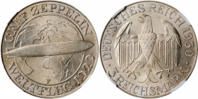 GERMANY. 3 Mark, 1930-F. Stuttgart Mint. NGC MS-64.

KM-67. Graf Zeppelin commemorative issue. A handsome example of the type with good strike and sha...