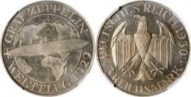 GERMANY. 3 Mark, 1930-G. Karlsruhe Mint. NGC MS-64+.

KM-67; J-342. Graf Zeppelin commemorative issue. An attractive near-Gem with razor sharp strike ...