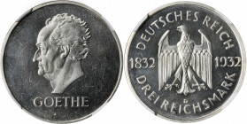 GERMANY. 3 Mark, 1932-D. Munich Mint. NGC PROOF-63 Cameo.

KM-76; J-350. Bust of Johann Goethe left. A Proof with reflective fields, frosty devices, a...