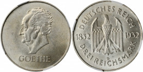 GERMANY. 3 Mark, 1932-D. Munich Mint. NGC MS-64.

KM-76; J-350. Bust of Johann Goethe left. A well struck coin with full frosty luster and light gray ...