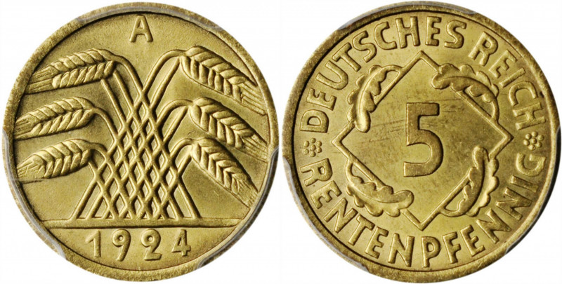 GERMANY. 5 Pfennig, 1924-A. Berlin Mint. PCGS MS-66 Gold Shield.

KM-34; J-308. ...