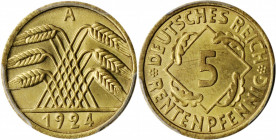 GERMANY. 5 Pfennig, 1924-A. Berlin Mint. PCGS MS-66 Gold Shield.

KM-34; J-308. A pleasing example of this common type but at an uncommon grade, with ...