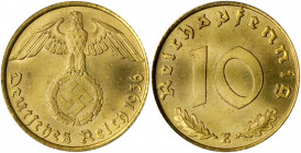 GERMANY. 10 Pfennig, 1936-E. Muldenhutten Mint. ANACS MS-64.

KM-92. A well struck and lustrous near-Gem with bright, brassy color.

Estimate: $350.00...