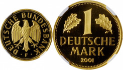 GERMANY. Mark, 2001-F. Stuttgart Mint. NGC PROOF-69 Ultra Cameo.

Fr-3878; KM-203. A brilliant and attractive Proof with hard mirrored fields and fros...