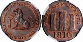 GIBRALTAR. Quarto Token, 1810. NGC MS-66 Red Brown.

KM-Tn3.1; Prid-19. "PAYABLE AT ROBERT KEELING & SONS". A lovely Gem with sharp strike, satiny lus...