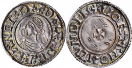 GREAT BRITAIN. Penny, ND (978-1016). Winchester Mint. Aethelred II. PCGS Genuine--Peck Marked, AU Details Gold Shield.

S-1154; N-777. A boldly struck...