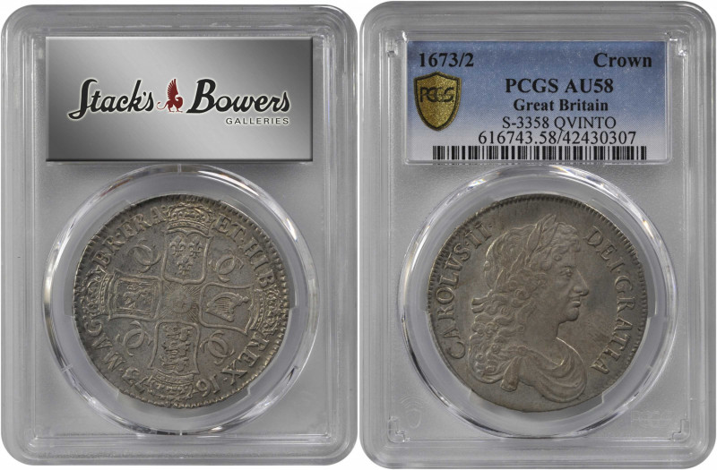 GREAT BRITAIN. Crown, 1673/2. Charles II. PCGS AU-58 Gold Shield.

S-3358; KM-43...
