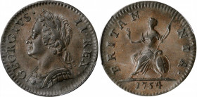 GREAT BRITAIN. Farthing (1/4 Penny), 1754. London Mint. George II. PCGS MS-62 Brown Gold Shield.

KM-581.2; S-3722. A sharply struck and presentable e...