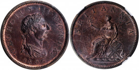 GREAT BRITAIN. Penny, 1806. Soho (Birmingham) Mint. George III. NGC MS-66 Red Brown.

S-3780; KM-663. Variety with "K" on truncation. A handsome, well...