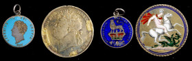 GREAT BRITAIN. Enameled Tokens, 1821 & 1826. George IV. Average Grade: VERY FINE.

1) Colorized portrait of St. George and the dragon, on a Crown of G...