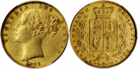 GREAT BRITAIN. Sovereign, 1853. London Mint. Victoria. PCGS AU-53 Gold Shield.

S-3852C; Fr-387e; KM-736.1. Second bust type, "W.W." raised on truncat...