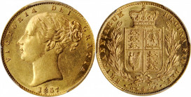 GREAT BRITAIN. Sovereign, 1857. London Mint. Victoria. PCGS MS-61 Gold Shield.

Fr-387e; S-3852D; KM-736.1. A sharply struck Sovereign with frosty lus...