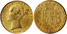 GREAT BRITAIN. Sovereign, 1869. London Mint. Victoria. PCGS AU-58 Gold Shield.

S-3853; KM-736.2; Fr-387i. Die # 28. A pleasing, lightly circulated so...